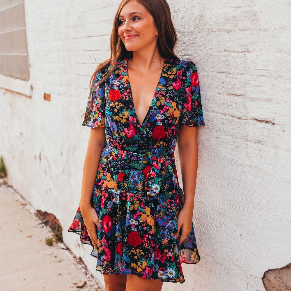 Floral Short Dress with Flutter Sleeves and Waist Tie Detail
